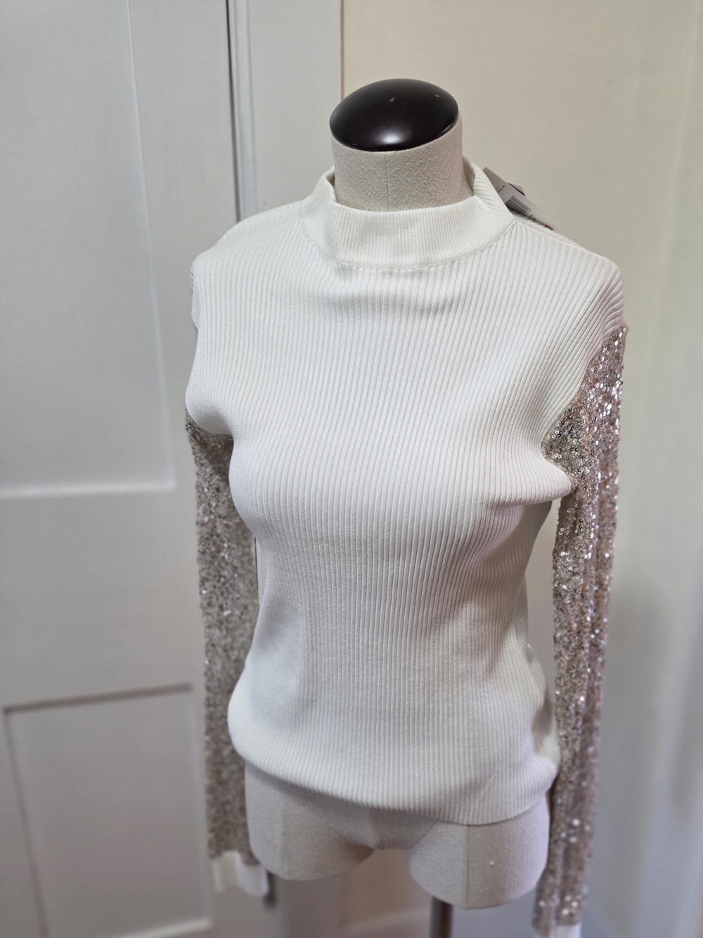 Guess White Ribbed Sweater with Silver Sequin Sleeves
